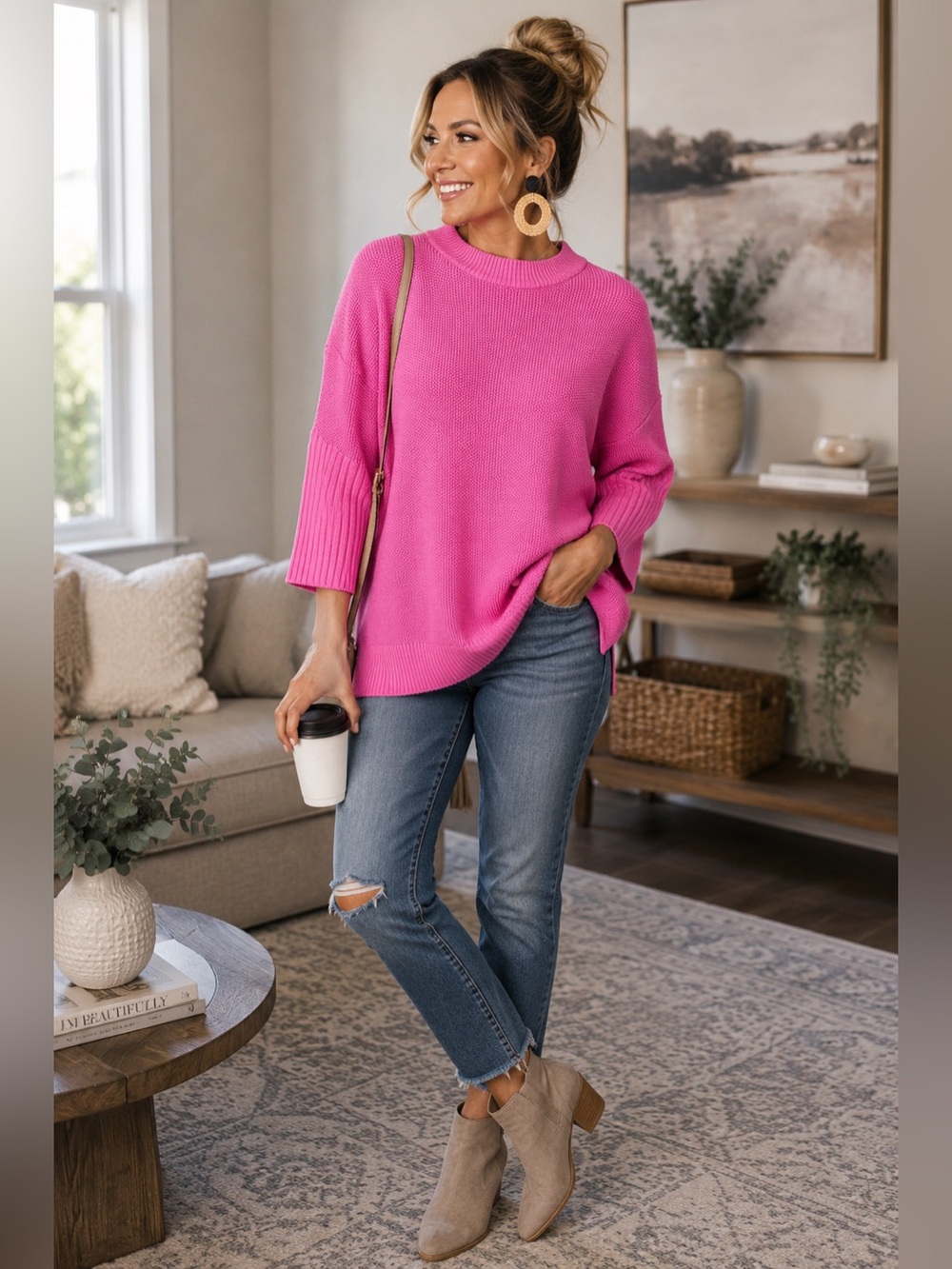 French Connection Hot Pink Textured Knit Oversized Sweater Size XS